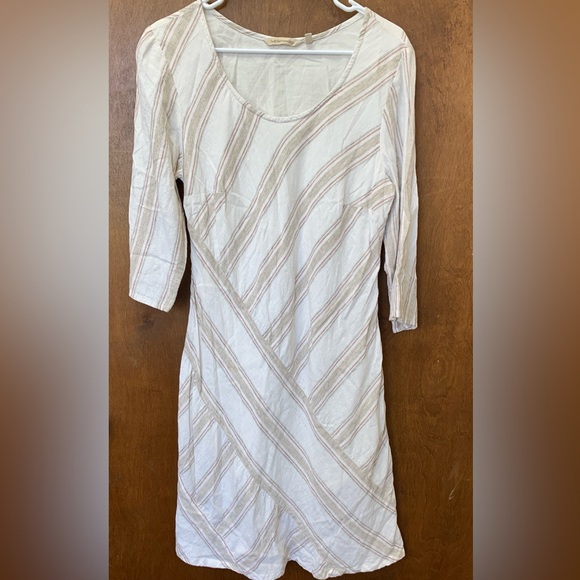 Soft Surroundings Dresses & Skirts - Soft Surroundings Equinox Women’s Cream and Tan Striped Dress Linen Blend Sz M